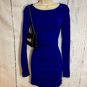 Express blue scoop neck long sleeve fitted ruched sweater dress (used) size XS